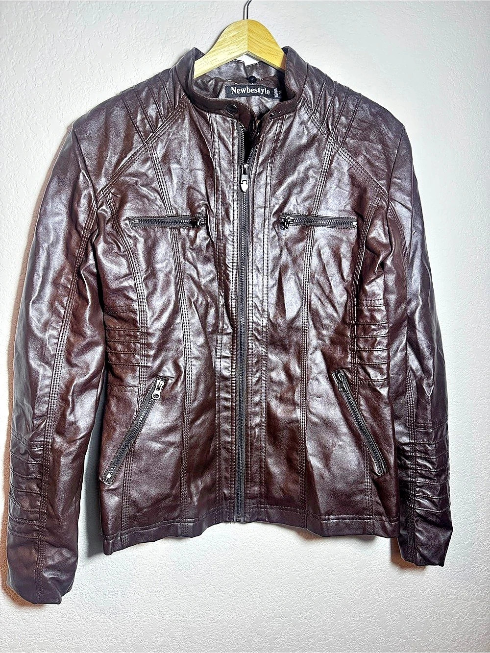 Newbestyle Faux-Leather Moto Jacket in Brown Small aviator
